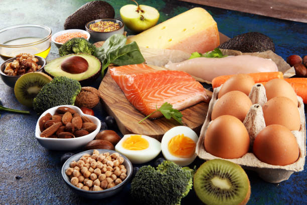 healthy eating and diet concept natural rich in protein food on table